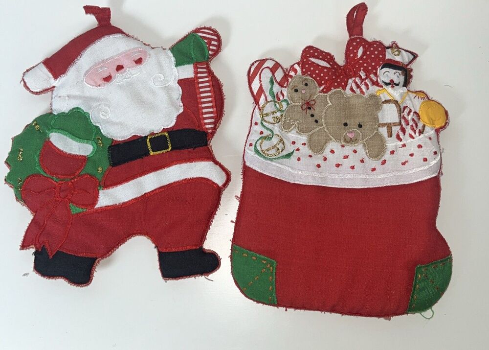 2 Vintage Handmade Christmas Pot Holders Santa Clause / Stocking 8” Tall